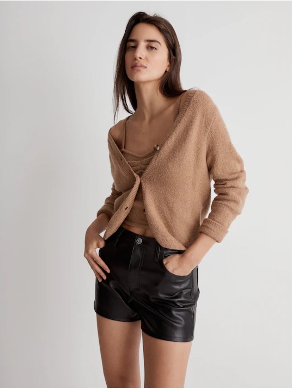 Madewell Haskell Cropped Cardigan Camel V-Neck Cozy Textured Soft Sweater
